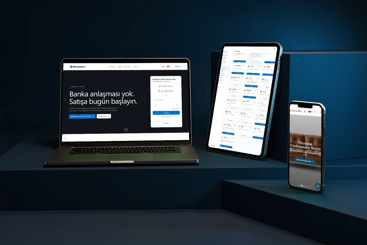 Lacivert blokların üzerinde dizüstü bilgisayar, tablet ve telefon; ekranlarda Winvestour sitesi, yönetim paneli ve bir mağaza sitesi